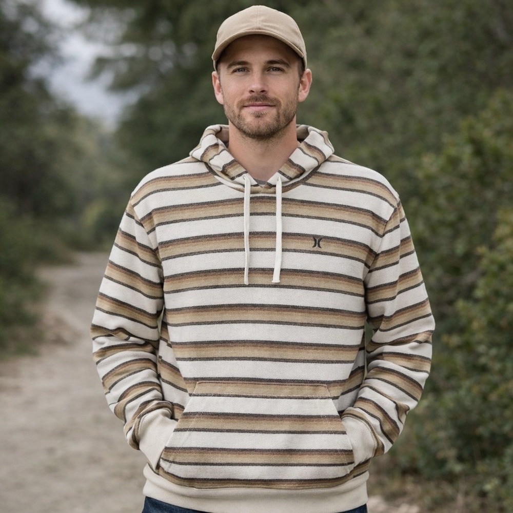 NEW Hurley OG Poncho Hoodie Striped Pullover Sweatshirt Neutral Coastal Cozy M
